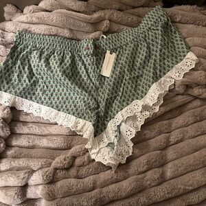 Anthropologie Green Floral Lace Pajama Shorts